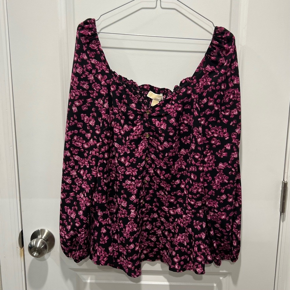 Michael Kors Black Pink Floral‎ Smocked Peplum Top Womens L